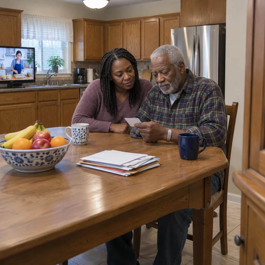 Older man wearing a bracelet looks at a wallet card at a kitchen table while his daughter leans in beside him