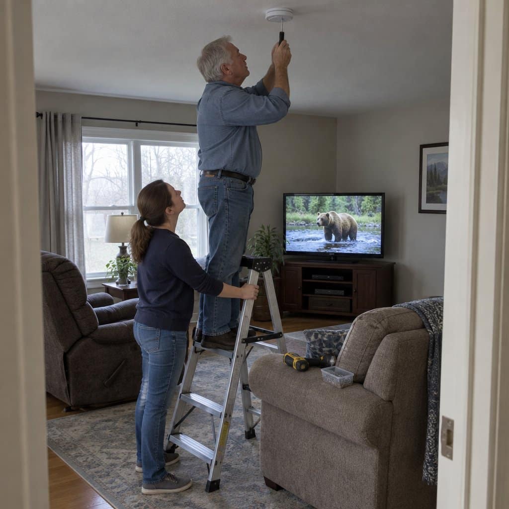 Man on a step ladder installing a smoke alarm while a woman steadies the ladder