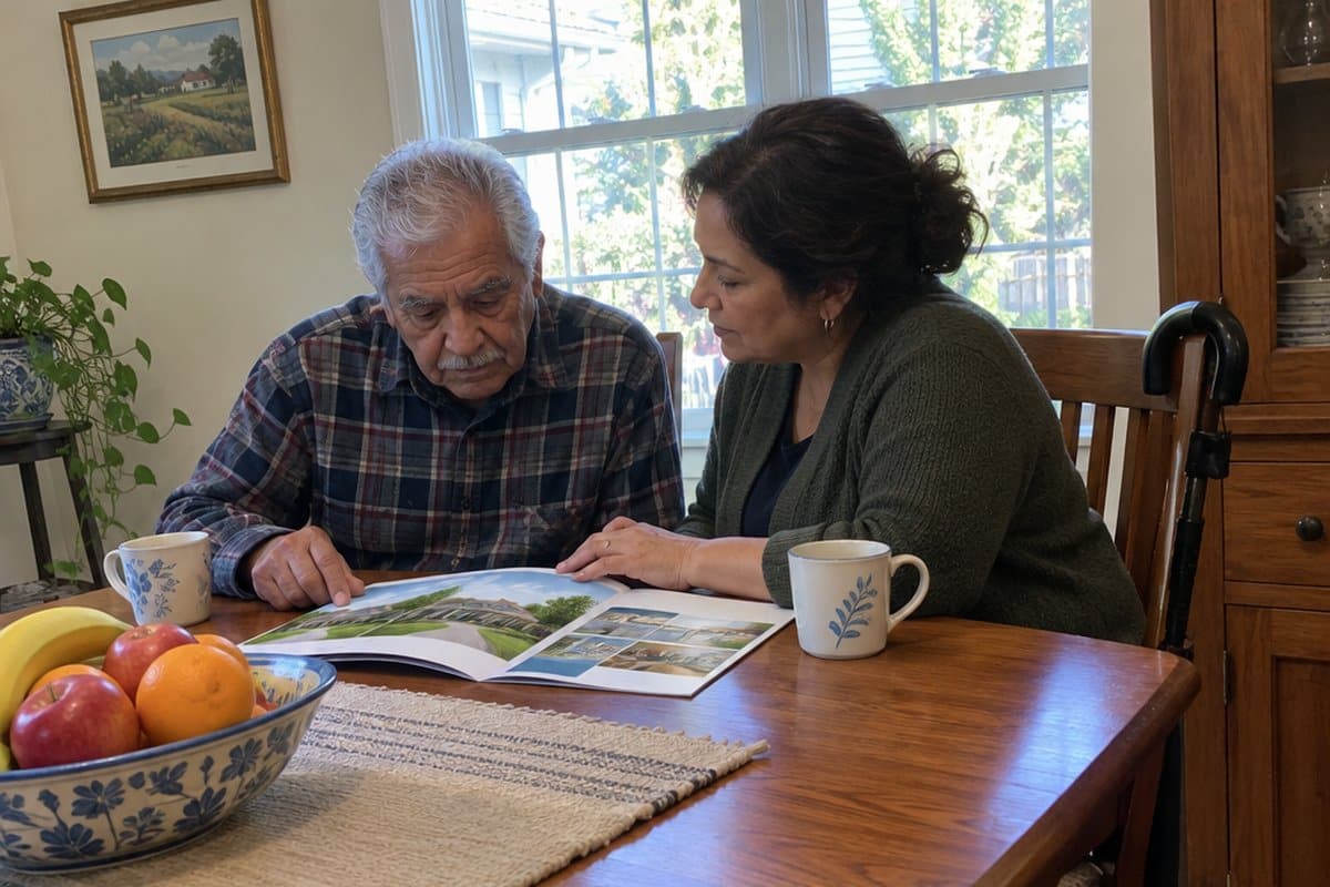 Older man and his daughter looking at a brochure together at a dining table