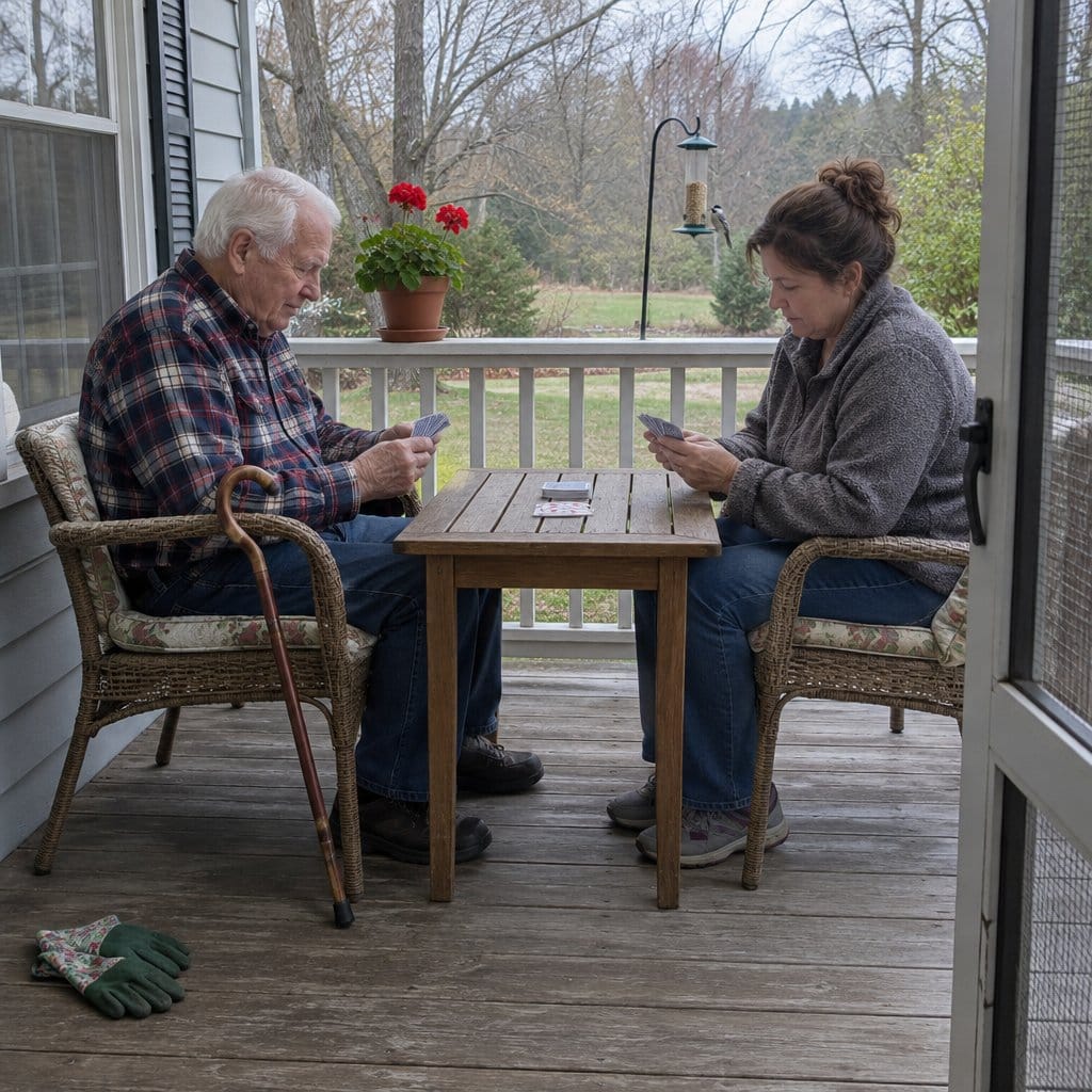 Older man with a cane and his adult daughter playing cards at a small table on a porch