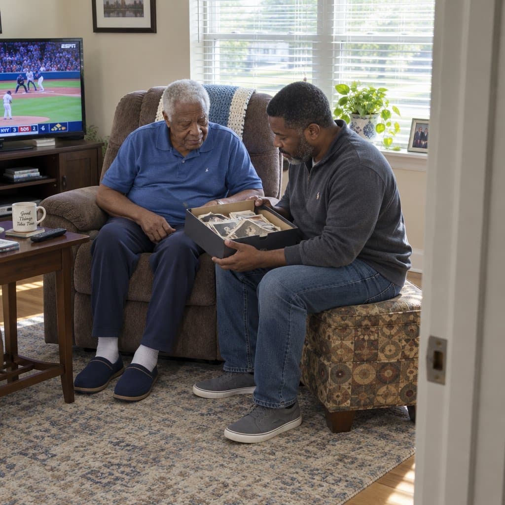 An older man in a recliner and his adult son look through a box of family photographs in a bright family room.
