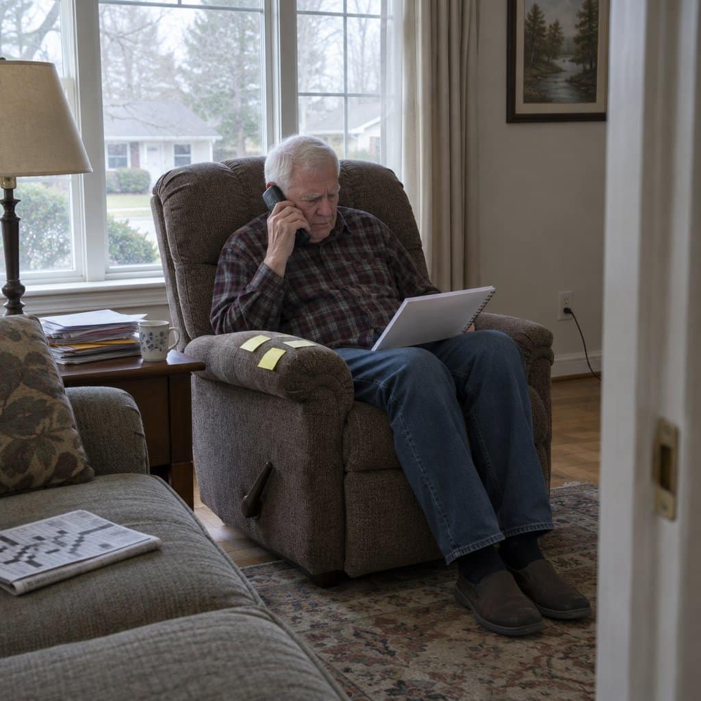 Older man in a recliner holding a phone and looking down at sticky notes and a notebook