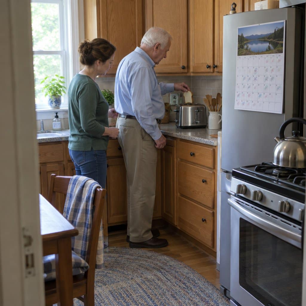 Older man and adult daughter making toast together at a kitchen counter