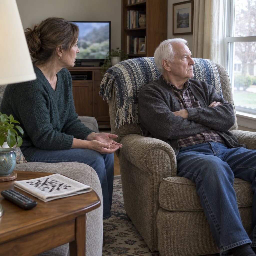 Older man with crossed arms in an armchair while his adult daughter speaks gently beside him