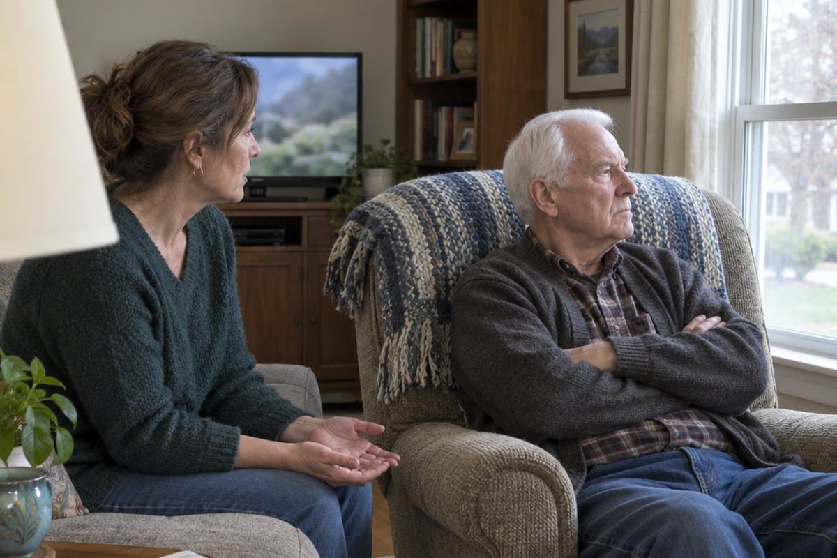 Older man with crossed arms in an armchair while his adult daughter speaks gently beside him