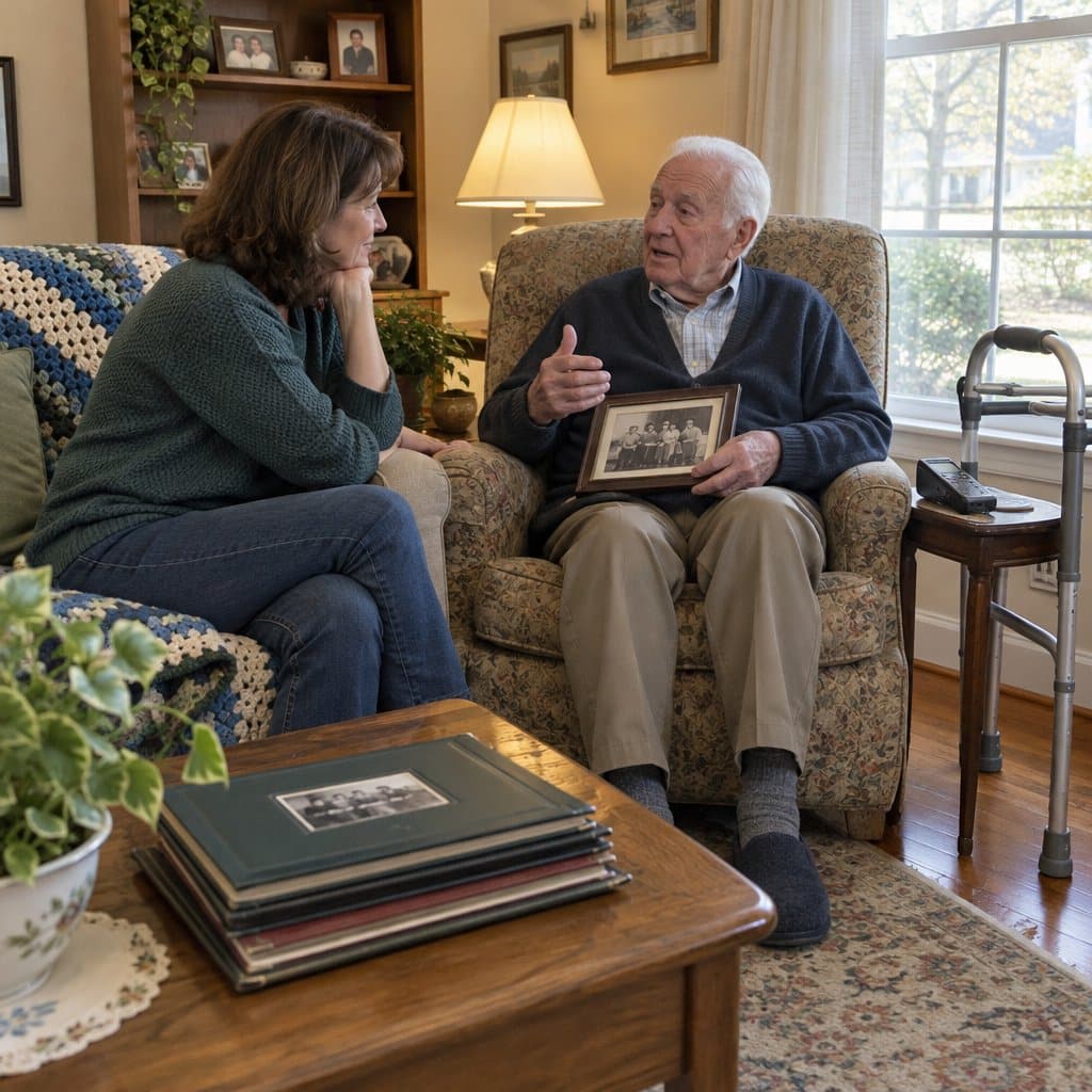 Older man in an armchair with a photo in his lap telling stories to his daughter, a walker beside him