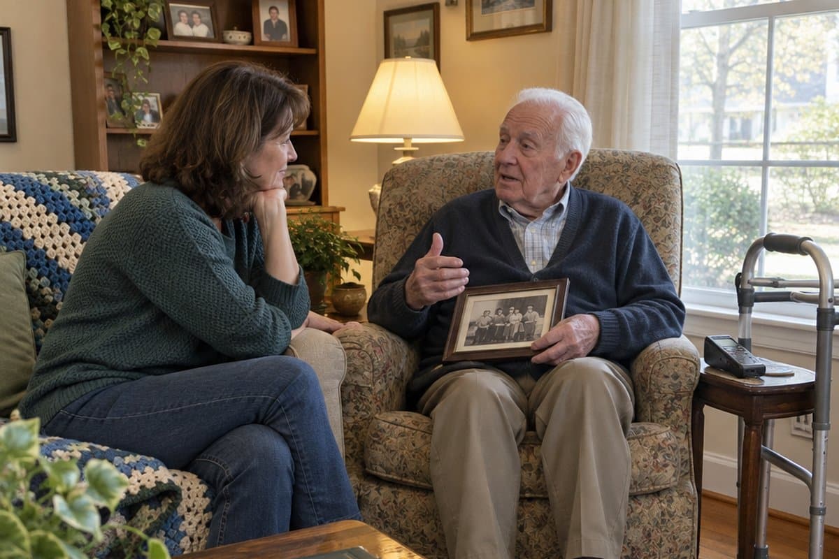 Older man in an armchair with a photo in his lap telling stories to his daughter, a walker beside him