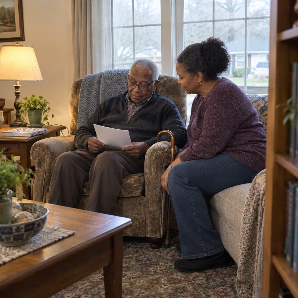 Older man with a cane in an armchair looking at a letter while an adult daughter sits beside him
