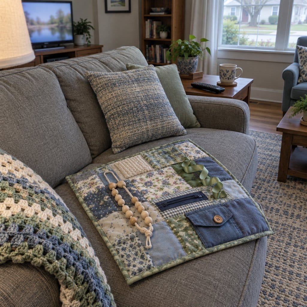 Small lap quilt with beads, ribbon, zipper and button pocket sewn on, lying on a sofa cushion in an empty living room.