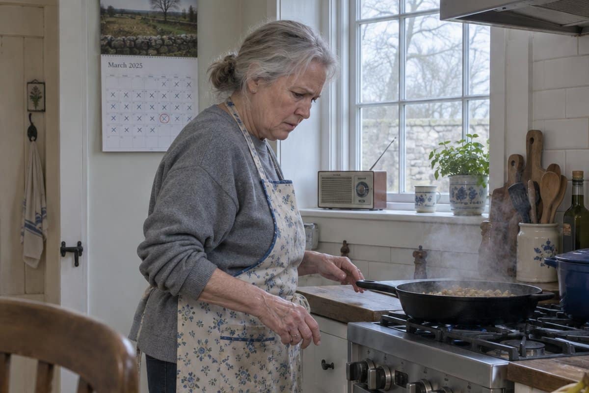 Older woman with grey hair in an apron looking worriedly into a skillet on the stove
