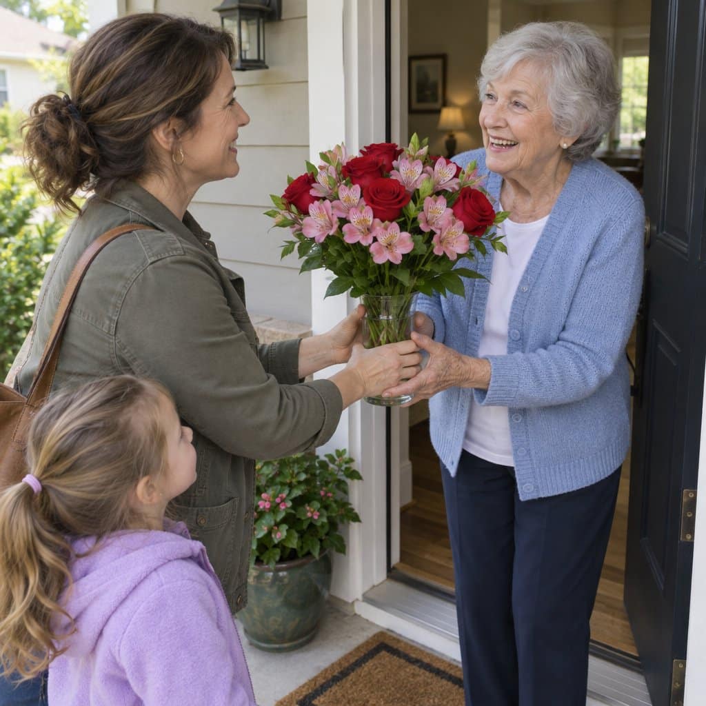 Older woman smiling at her front door as a neighbor and child bring her a bouquet of roses