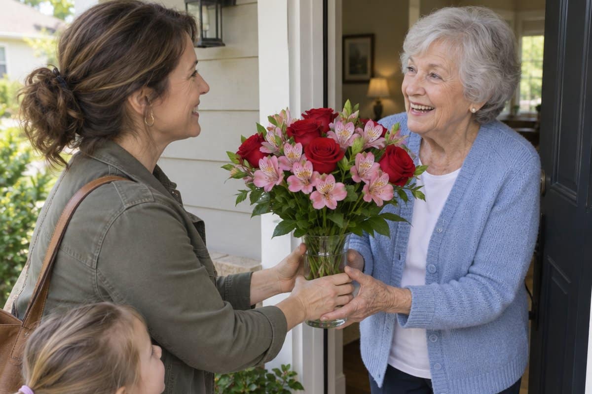 Older woman smiling at her front door as a neighbor and child bring her a bouquet of roses