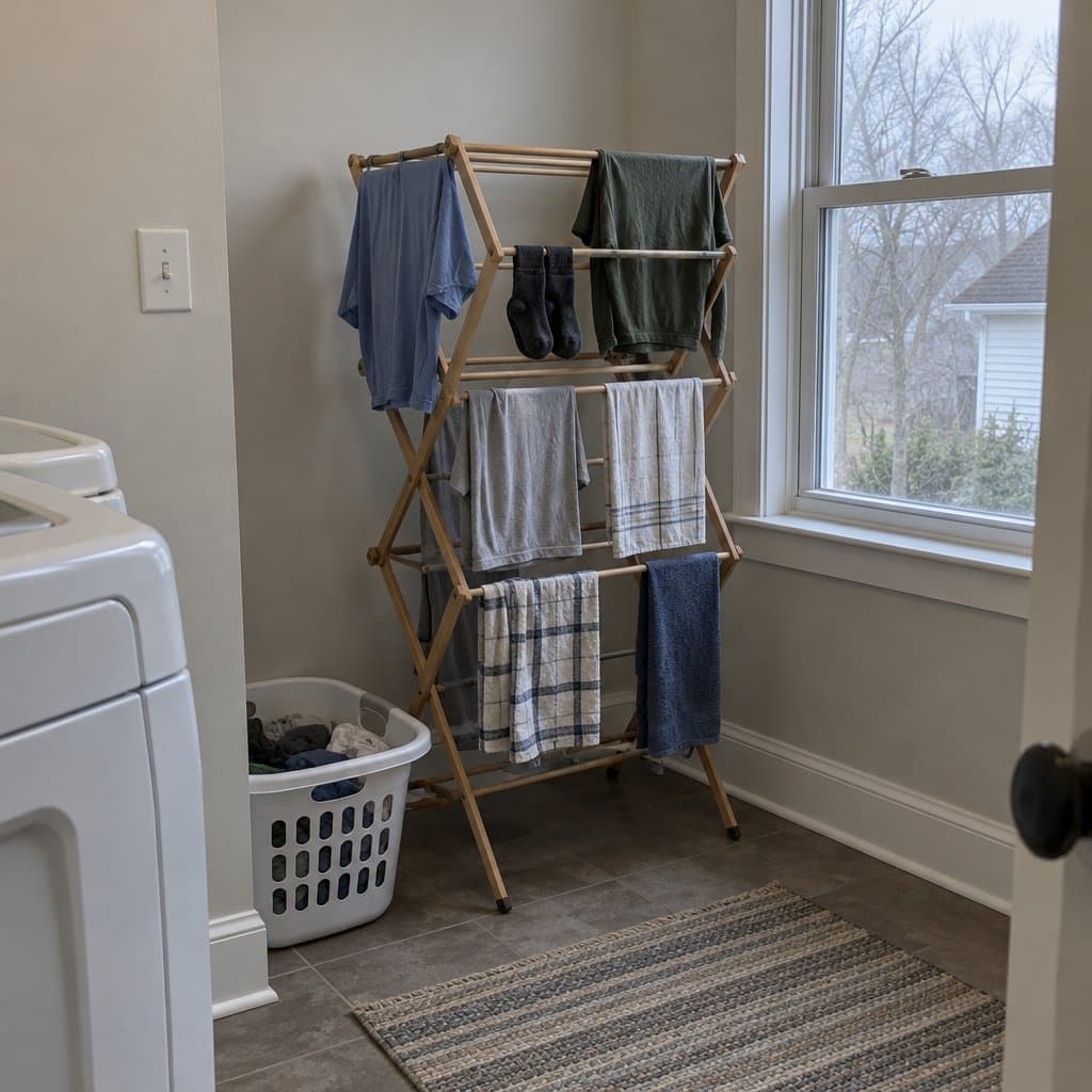 A folding drying rack with damp clothes and towels beside a laundry basket near a window.