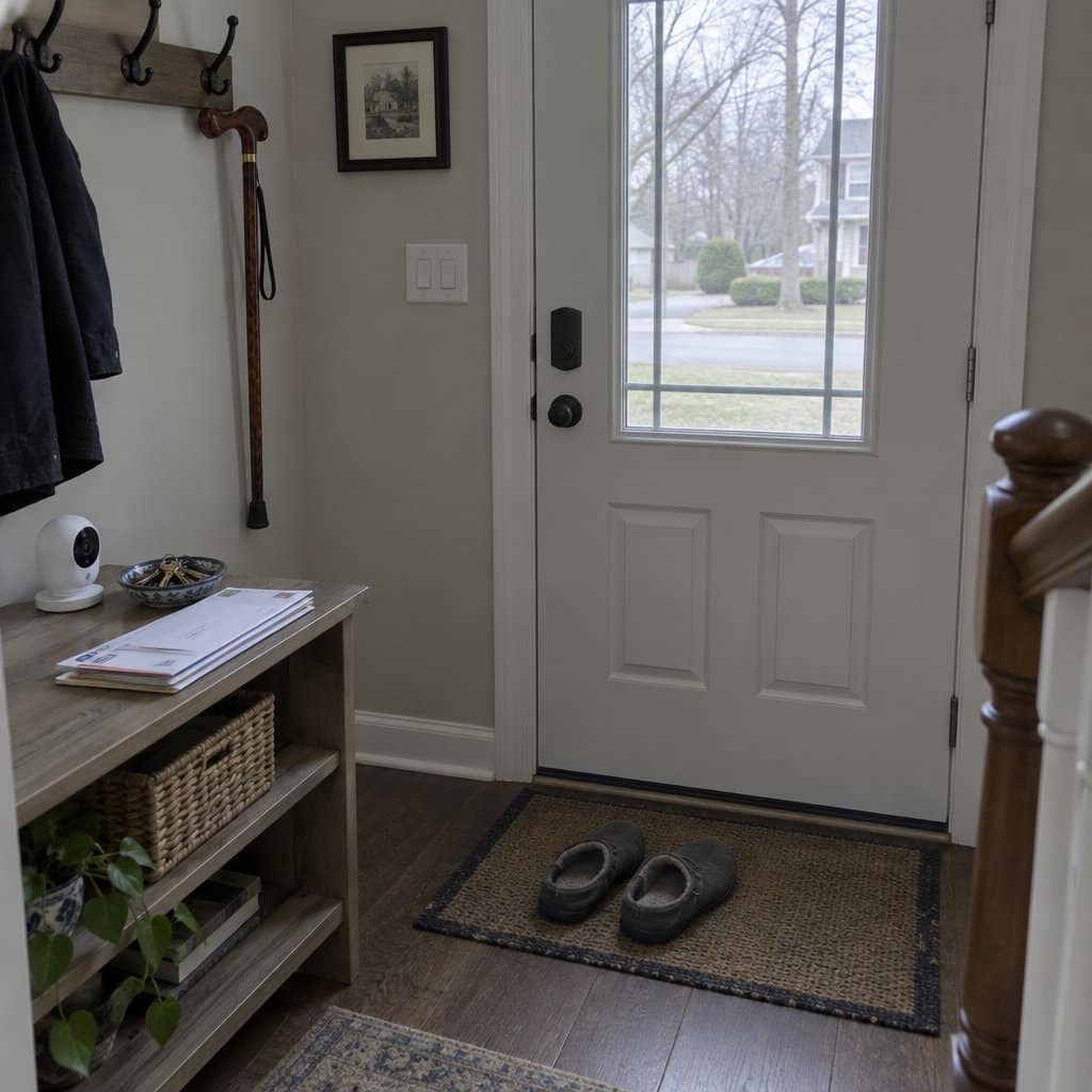 A small indoor security camera on a shelf in a home entryway beside keys, mail and a cane on a hook.