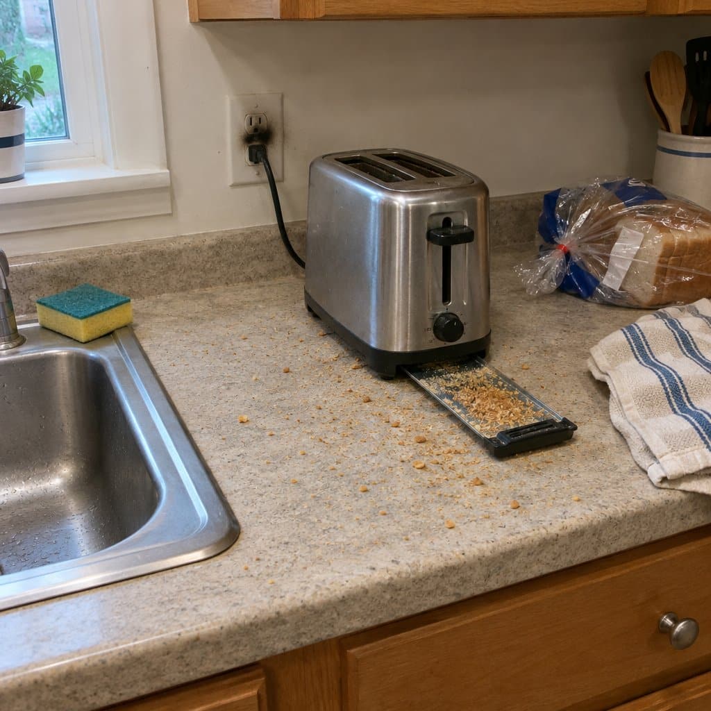 Toaster on a kitchen counter with a slid-out crumb tray full of crumbs near a wall outlet