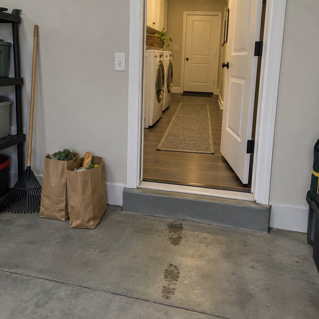 Garage floor and single step up to the house door with groceries bags nearby