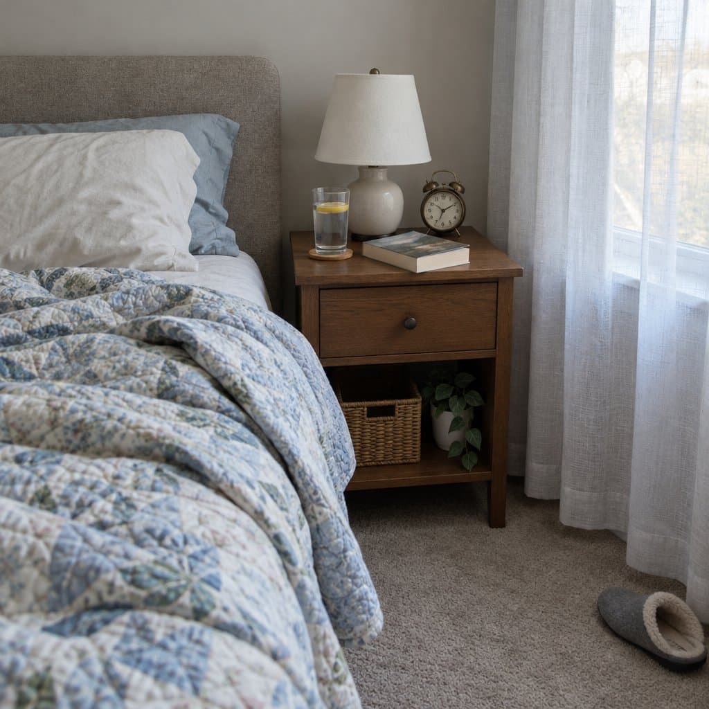 Glass of water with lemon slice on a bedside table beside a book, lamp and clock