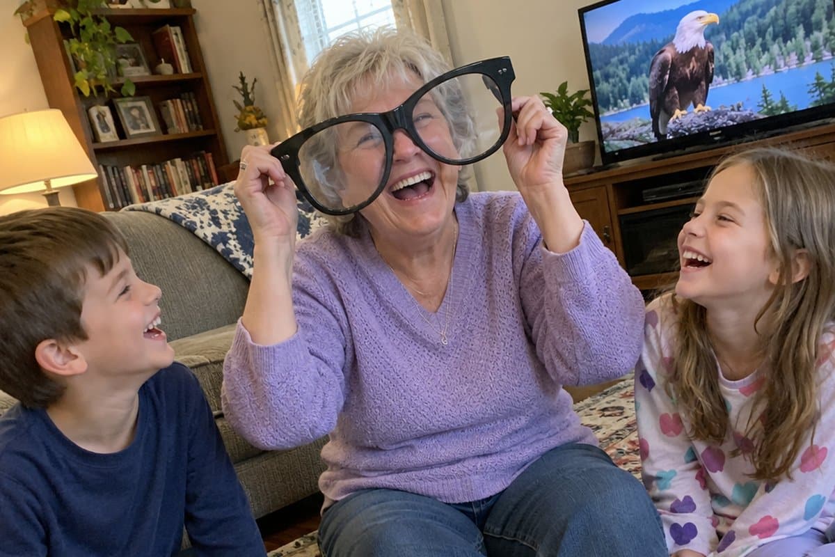 Laughing grandmother holds up giant novelty glasses while two grandchildren laugh beside her, torn wrapping paper scattered on the living room rug
