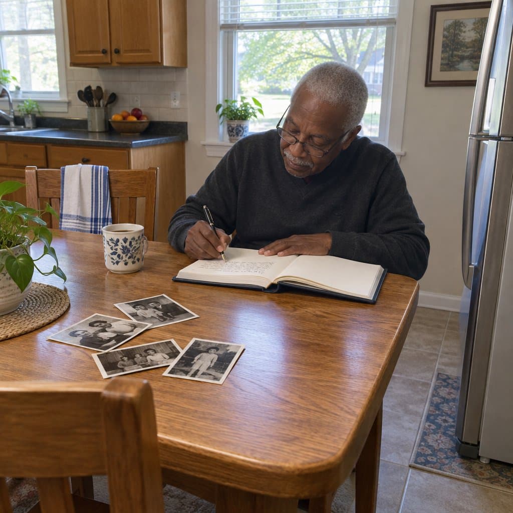 Older man writing in a memory book at a kitchen table with old photographs beside him