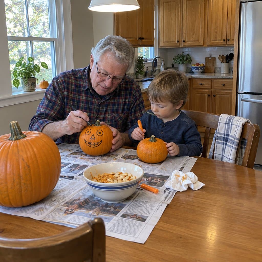 Older man and grandchild at a kitchen table working on a pumpkin with newspaper spread out