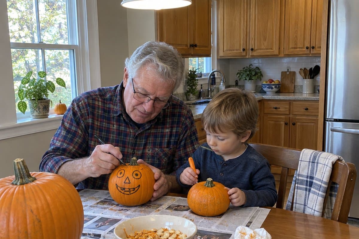 Older man and grandchild at a kitchen table working on a pumpkin with newspaper spread out