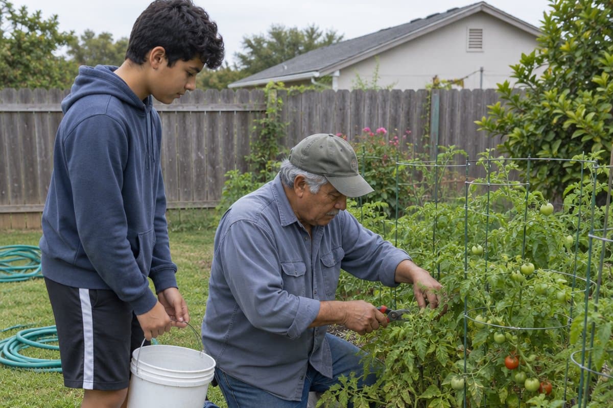 Older man pruning a tomato plant in a raised garden bed while his teenage grandson holds a bucket