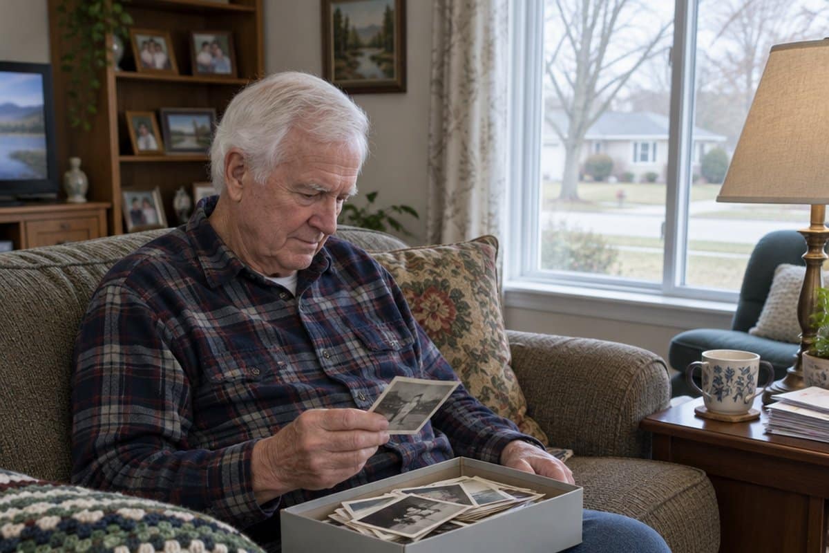 Older man on a sofa looking through a shoebox of old photographs