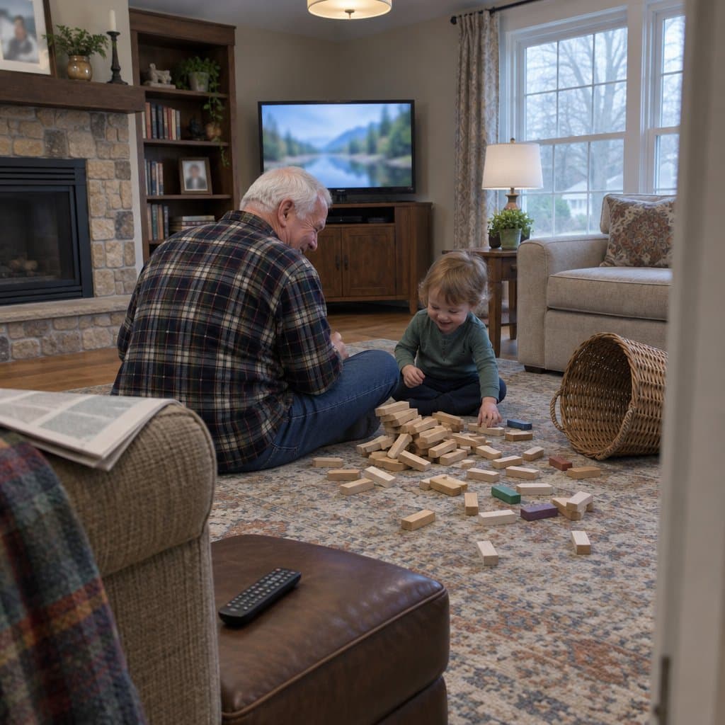 Grandfather and toddler on a carpet with a collapsed tower of wooden blocks scattered around them