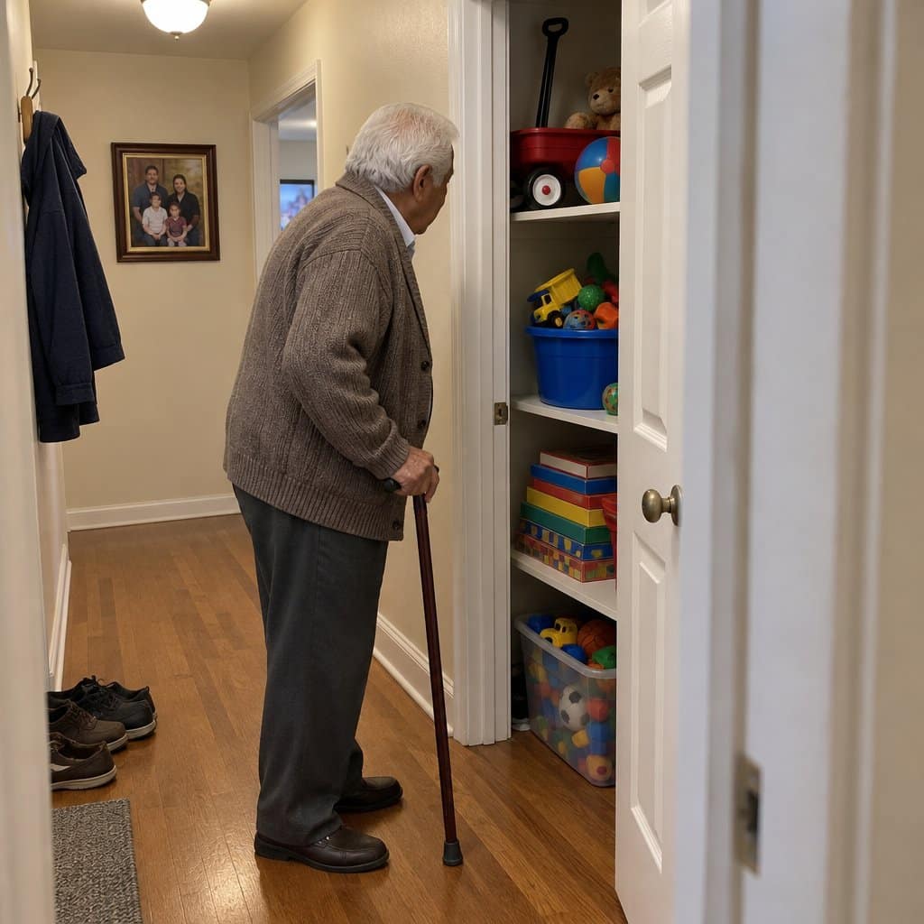 Older man with a cane looking into a hallway closet filled with toys and games