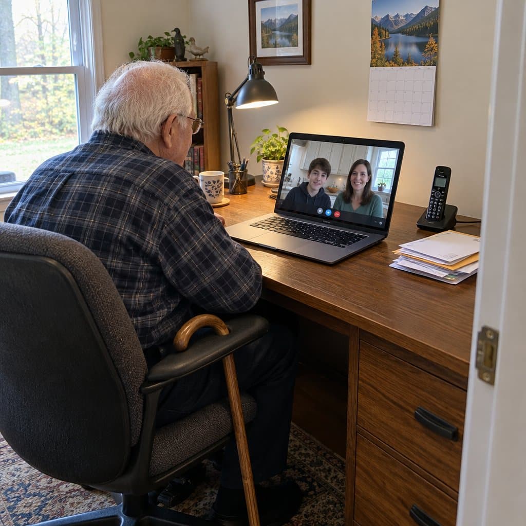 Older man with a cane at a desk talking to family on a laptop video call