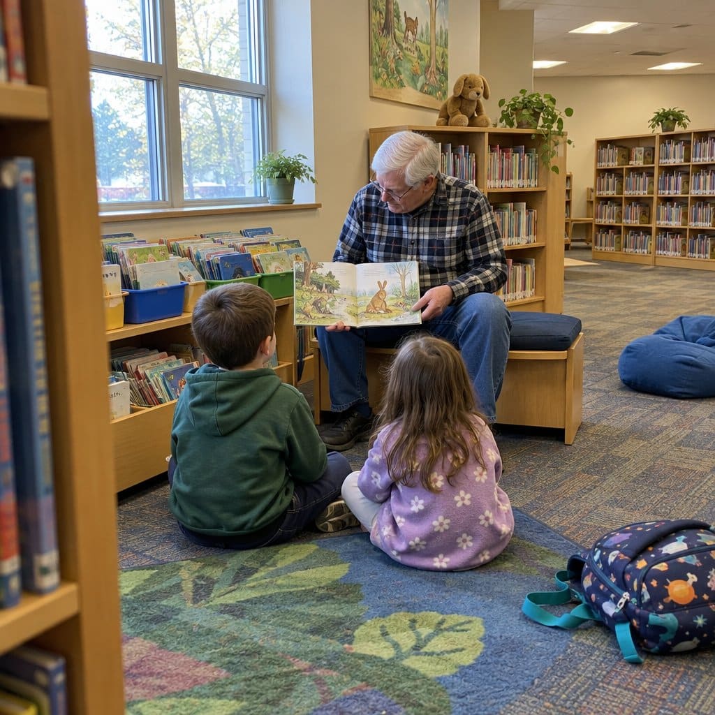 Older man reading a picture book to two young children in a library