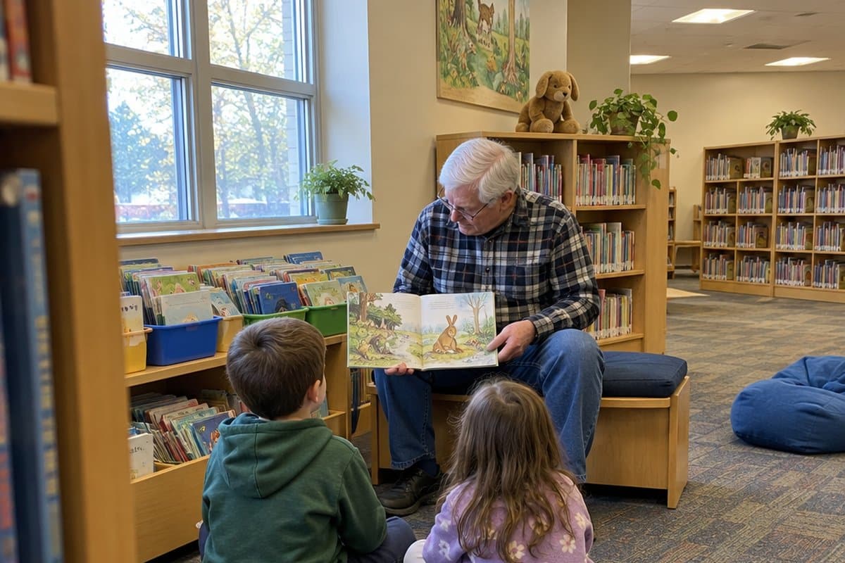 Older man reading a picture book to two young children in a library