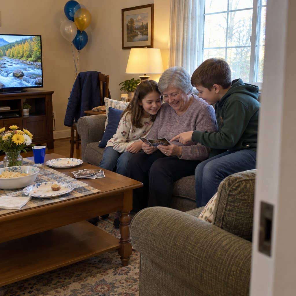Grandmother on a couch with two grandchildren looking at small printed photos