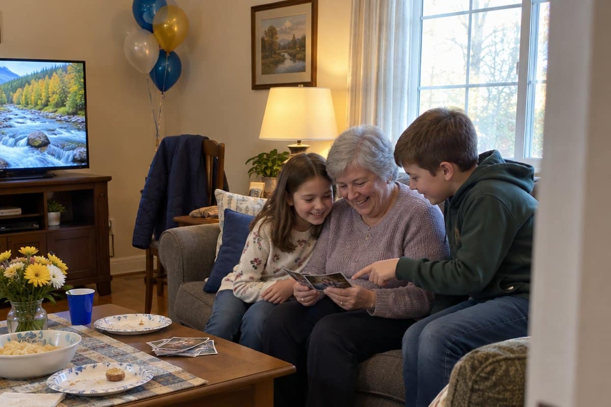 Grandmother on a couch with two grandchildren looking at small printed photos