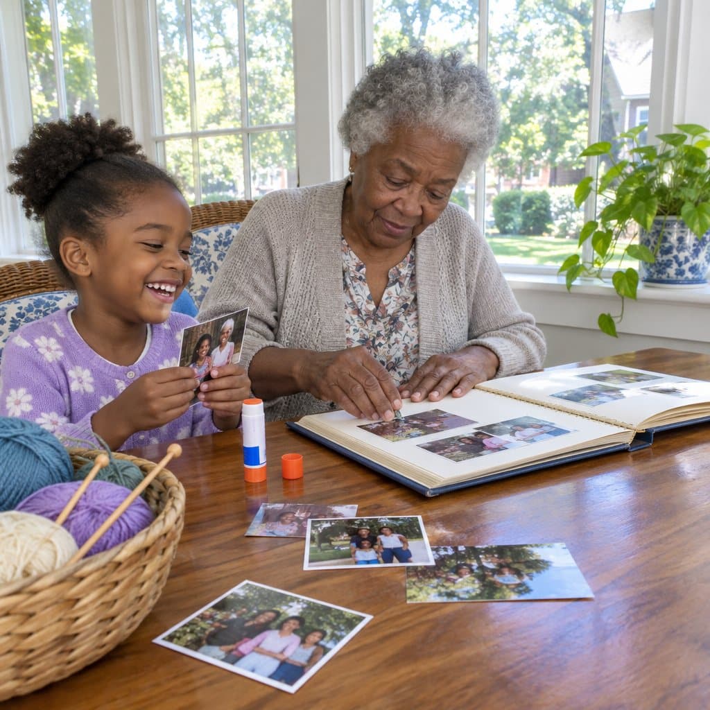Grandmother and granddaughter assembling a photo album together at a sunlit table