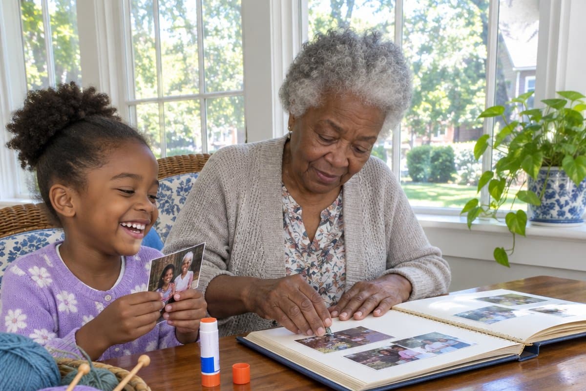 Grandmother and granddaughter assembling a photo album together at a sunlit table