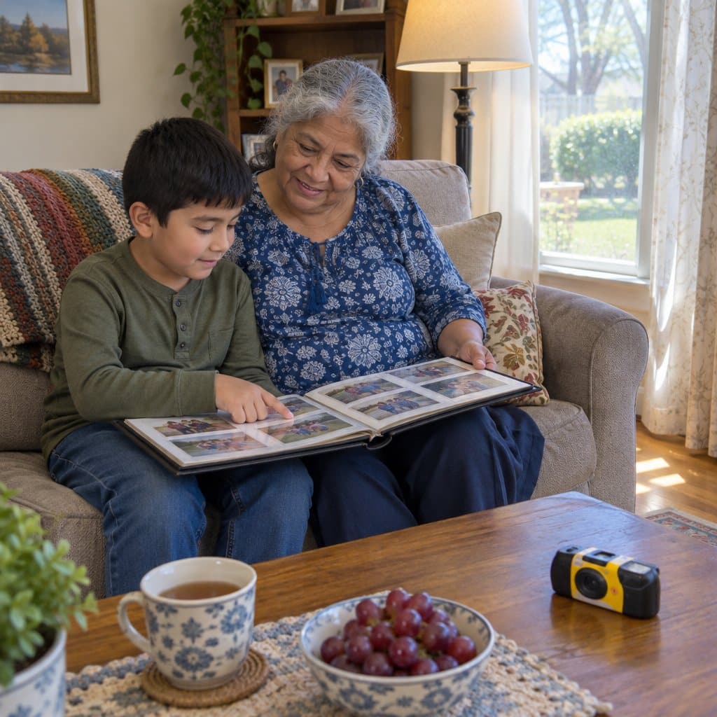 Grandmother and young grandson looking through a printed photo album on a sofa