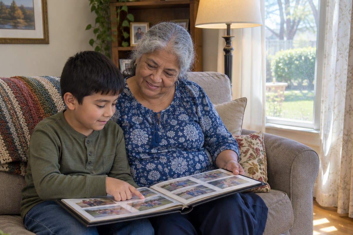 Grandmother and young grandson looking through a printed photo album on a sofa