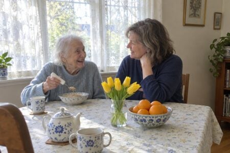 An older woman laughing with her daughter at a sunny breakfast table while eating oatmeal with a thick-handled spoon.