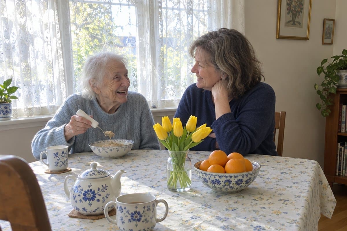 An older woman laughing with her daughter at a sunny breakfast table while eating oatmeal with a thick-handled spoon.