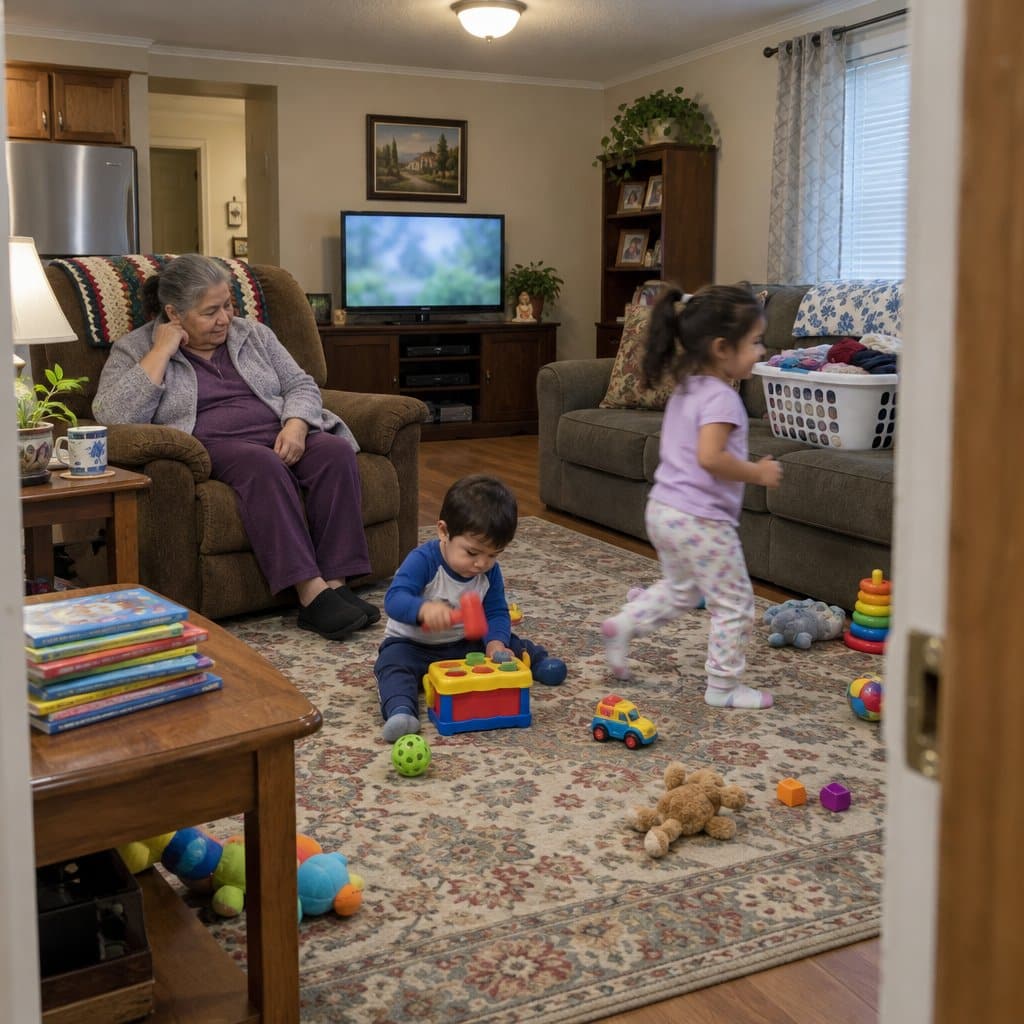 Grandmother in an armchair in a noisy living room with children and toys