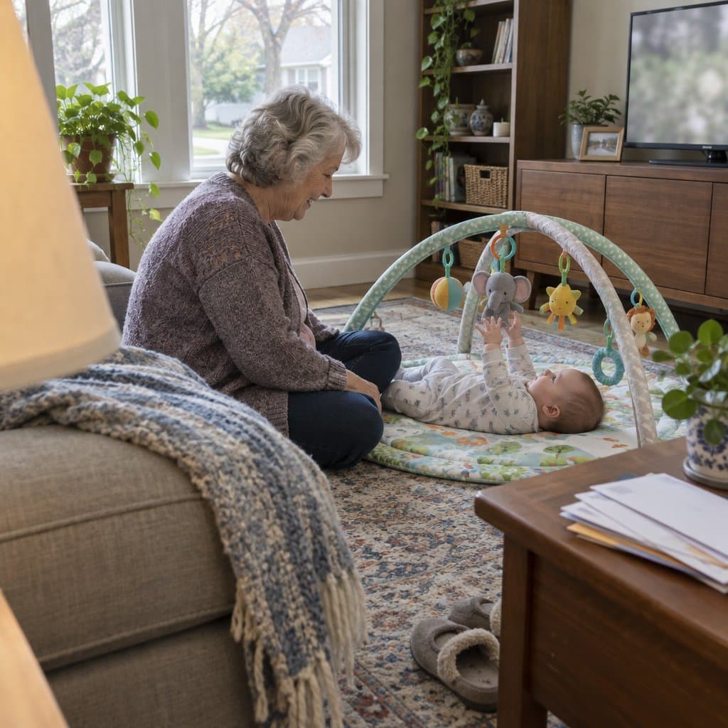Older woman sitting on a living room floor beside a baby lying on a play mat with dangling toys