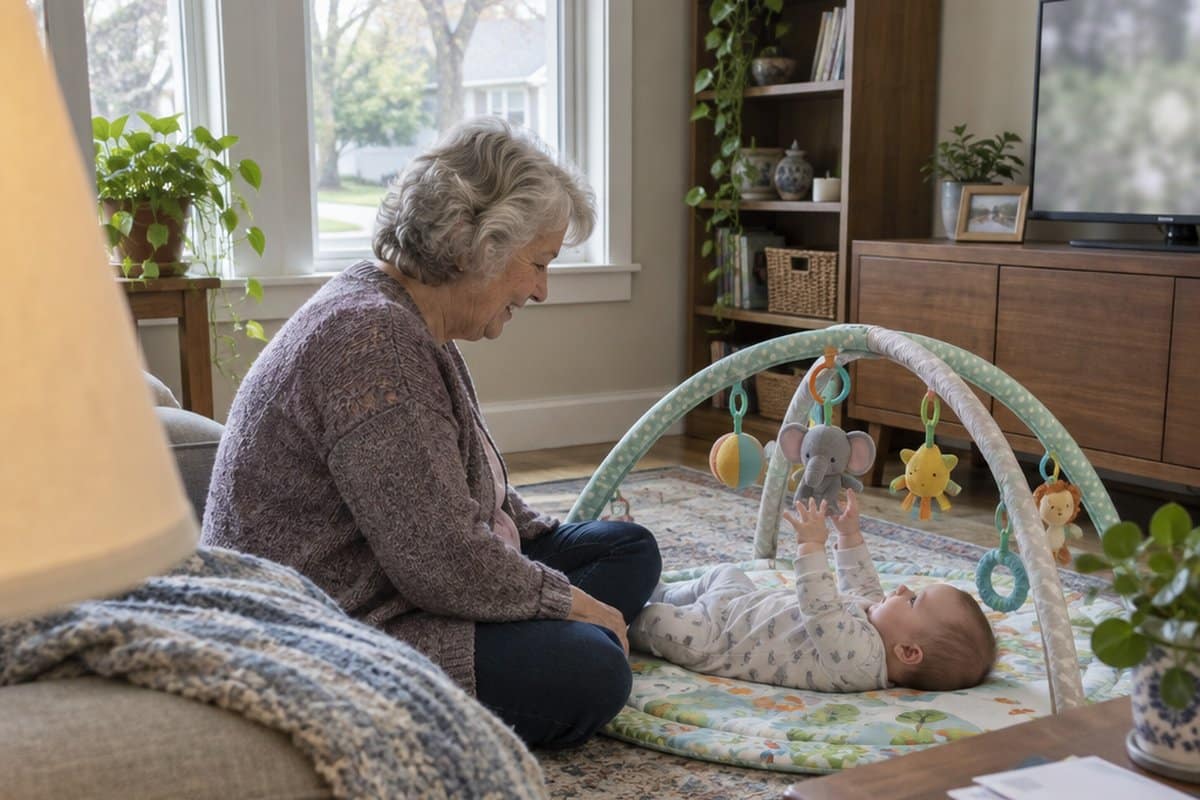 Older woman sitting on a living room floor beside a baby lying on a play mat with dangling toys