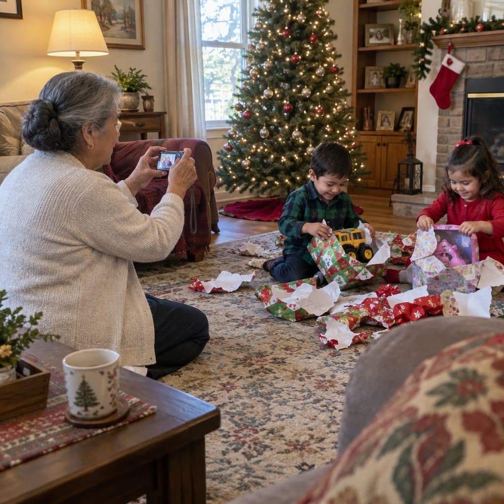Older woman holding a small camera toward children opening presents beside a Christmas tree