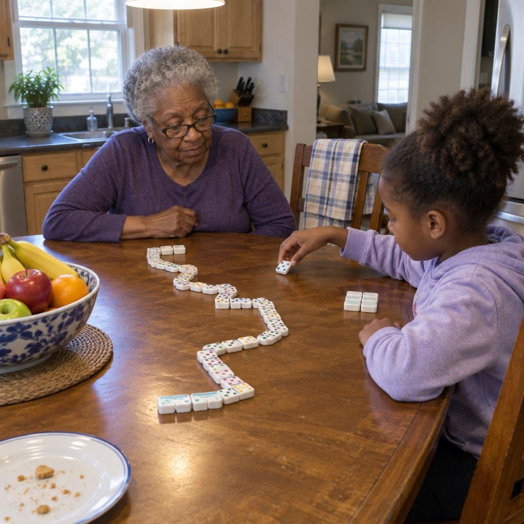 Older woman and a school-age child playing a tile game at a kitchen table
