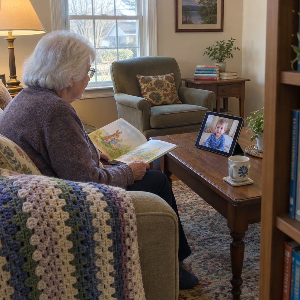 Older woman on a couch reading a picture book to a child on a tablet video call