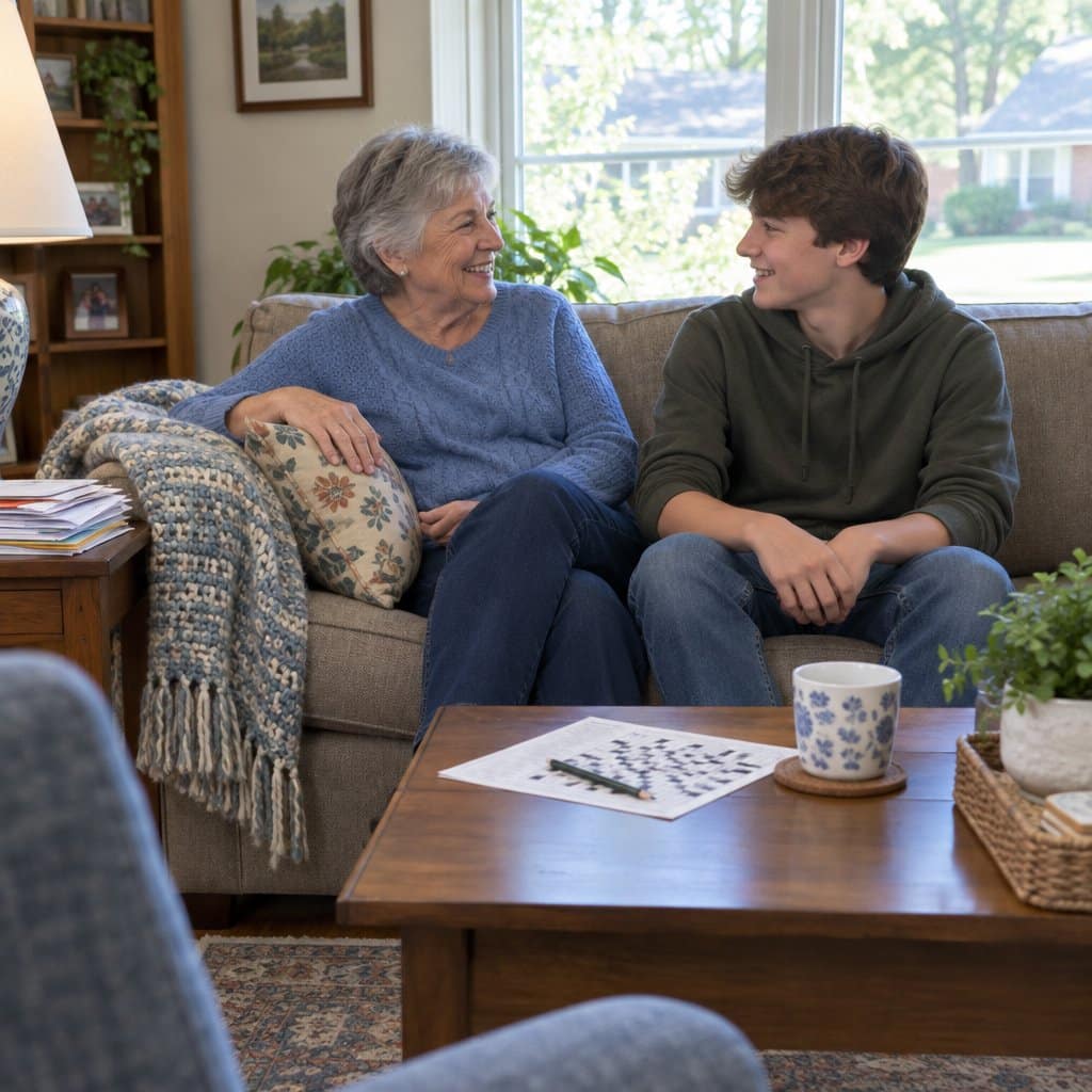 Older woman chatting and smiling with her teenage grandson on a living room couch in daylight