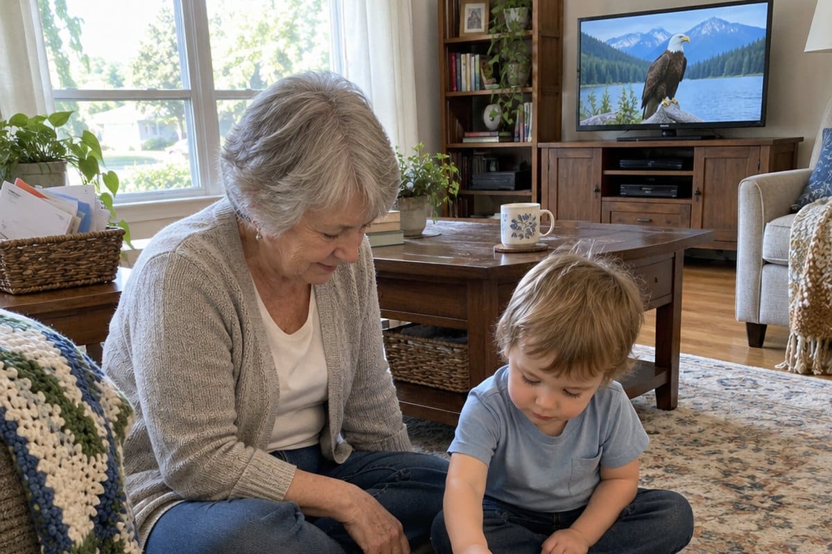 Older woman and toddler on a living room floor working a wooden peg puzzle