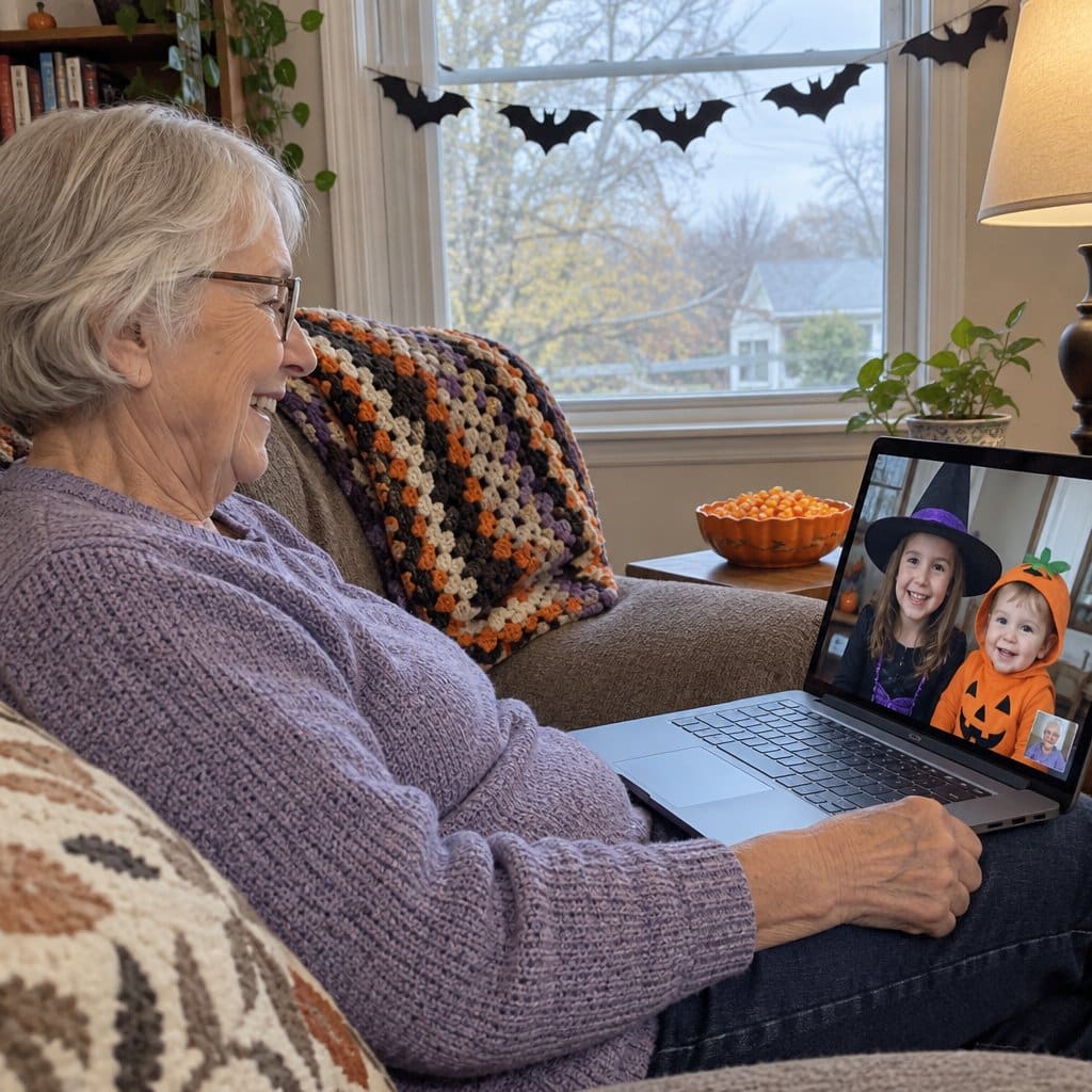 Older woman on a sofa watching grandchildren in Halloween costumes on a laptop video call