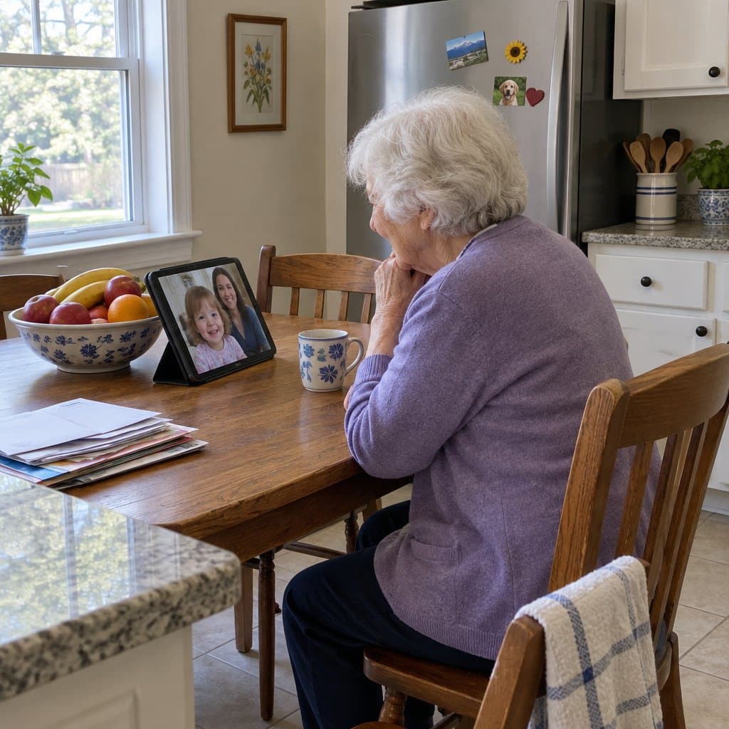 Older woman at a kitchen table watching a video call with family on a tablet